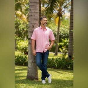 Pink Collared Short Sleeve Shirt. Guayabera with White Embroidery. Snap Buttons